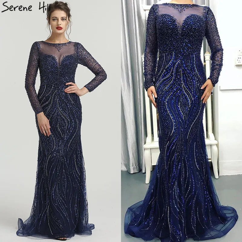 Nuevos vestidos de noche formales de lujo de manga larga con escote sirena y lentejuelas, vestidos de noche de moda 2025 LA6506 