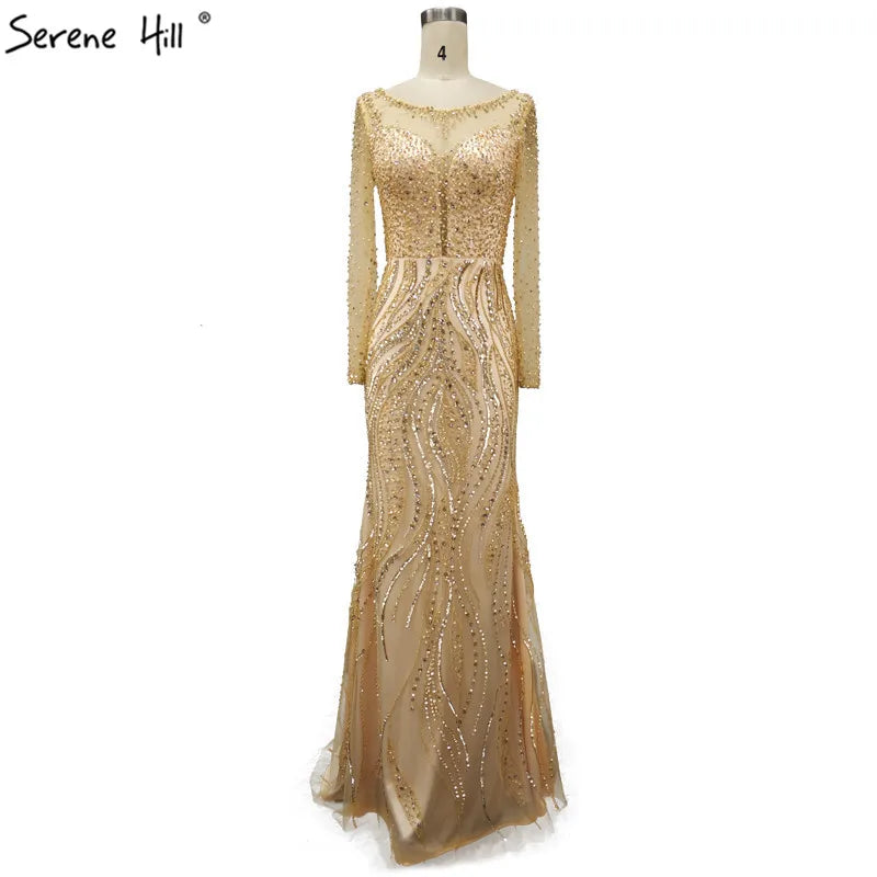 Nuevos vestidos de noche formales de lujo de manga larga con escote sirena y lentejuelas, vestidos de noche de moda 2025 LA6506 