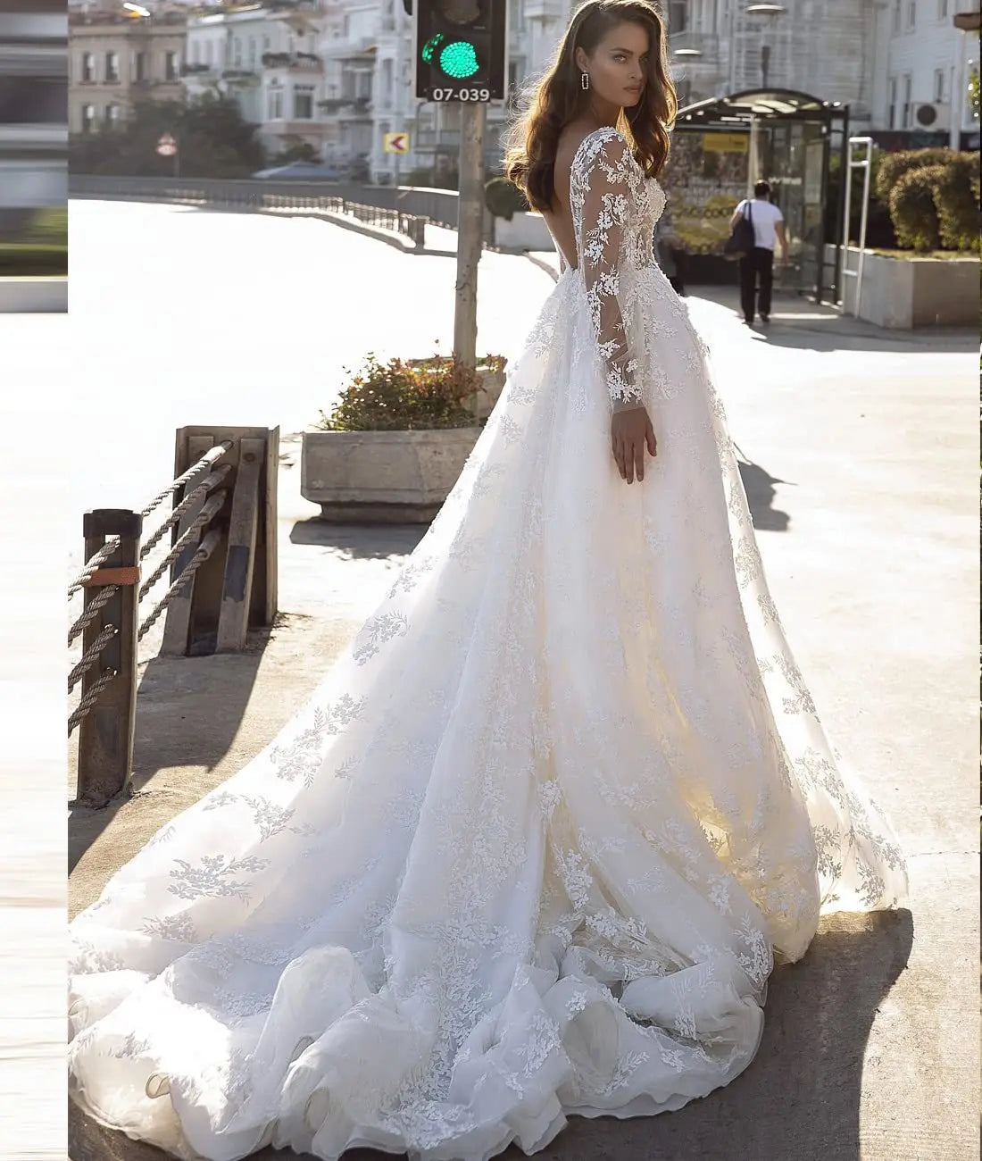 New Long Sleeves Vestidos De Novia Appliques Vestido De Noiva V-Neck Backless Wedding Dresses Lace Robe De Mariée-payinti