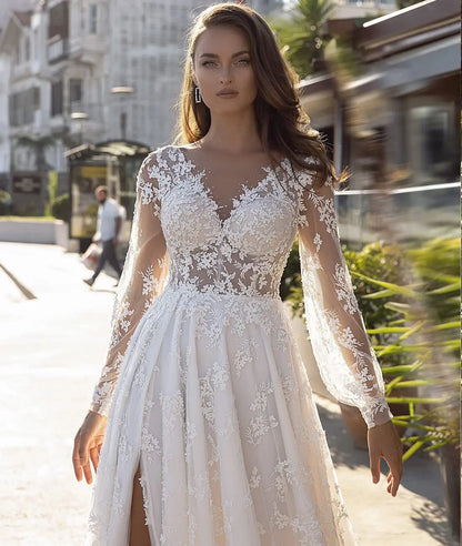 New Long Sleeves Vestidos De Novia Appliques Vestido De Noiva V-Neck Backless Wedding Dresses Lace Robe De Mariée-payinti