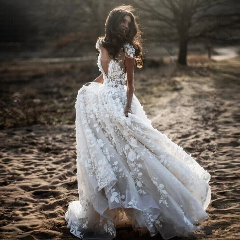 New Romantic Boho Country Wedding Dresses With 3D Flowers Sexy V-Neck Illusion Arabic Bridal Wedding Gowns-payinti