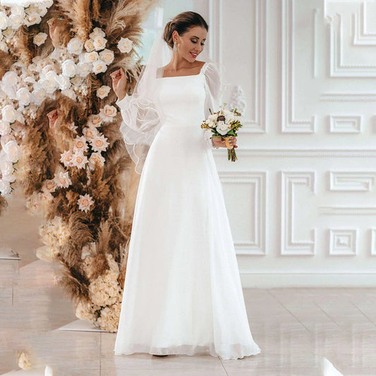 New Simple Wedding Dress 2022 A Line Square Collar Long Sleeve Floor Length Beach Bridal Gowns Eleagnt Vestidos De Novia Civil-payinti