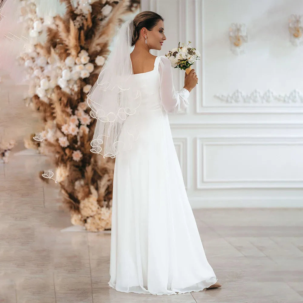 New Simple Wedding Dress 2022 A Line Square Collar Long Sleeve Floor Length Beach Bridal Gowns Eleagnt Vestidos De Novia Civil-payinti
