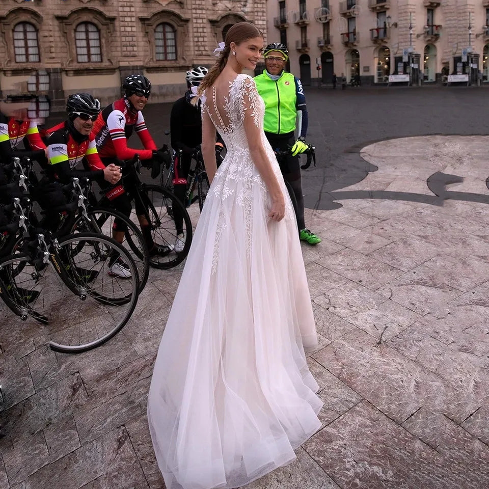 New Simple Wedding Dress V-Neck Vestidos De Novia Appliques Long Sleeves Vestido De Noiva Lace Robe De Mariée-payinti