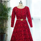 En oferta, sin devolución ni reembolso. Nuevo estilo: vestido de noche de tul rojo vino con cuello redondo, manga larga, flores pequeñas, moda 2025, vestido de fiesta HA2140.
