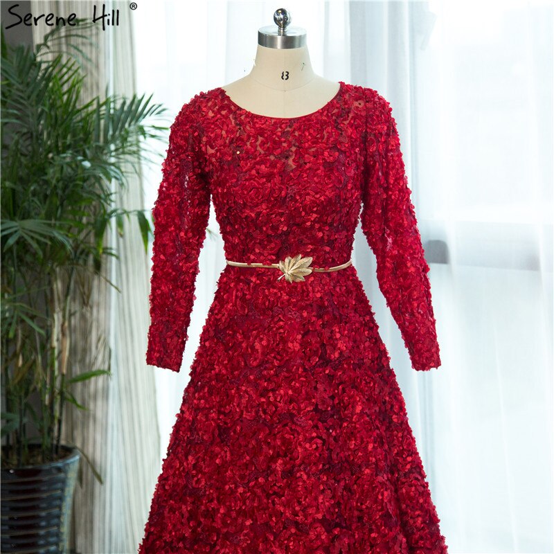 En oferta, sin devolución ni reembolso. Nuevo estilo: vestido de noche de tul rojo vino con cuello redondo, manga larga, flores pequeñas, moda 2025, vestido de fiesta HA2140.