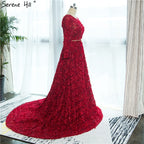En oferta, sin devolución ni reembolso. Nuevo estilo: vestido de noche de tul rojo vino con cuello redondo, manga larga, flores pequeñas, moda 2025, vestido de fiesta HA2140.