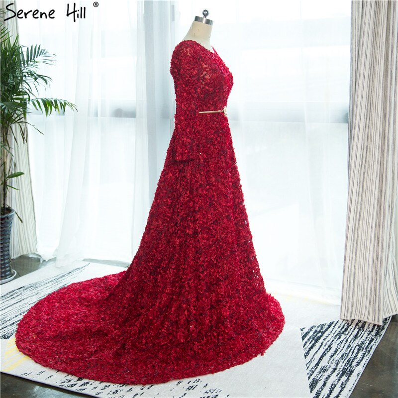 En oferta, sin devolución ni reembolso. Nuevo estilo: vestido de noche de tul rojo vino con cuello redondo, manga larga, flores pequeñas, moda 2025, vestido de fiesta HA2140.