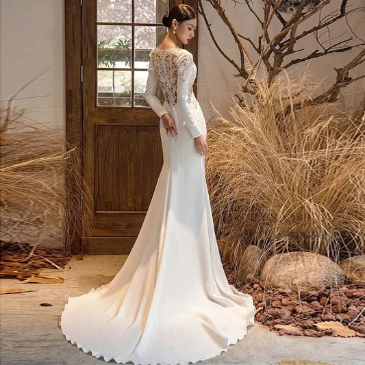 New White V-neck Mermaid Lace Real Photo 2023 Satin Wedding Dress Korean Style Zipper 웨딩 드레스 Wedding Gowns-payinti