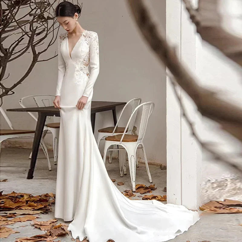New White V-neck Mermaid Lace Real Photo 2023 Satin Wedding Dress Korean Style Zipper 웨딩 드레스 Wedding Gowns-payinti