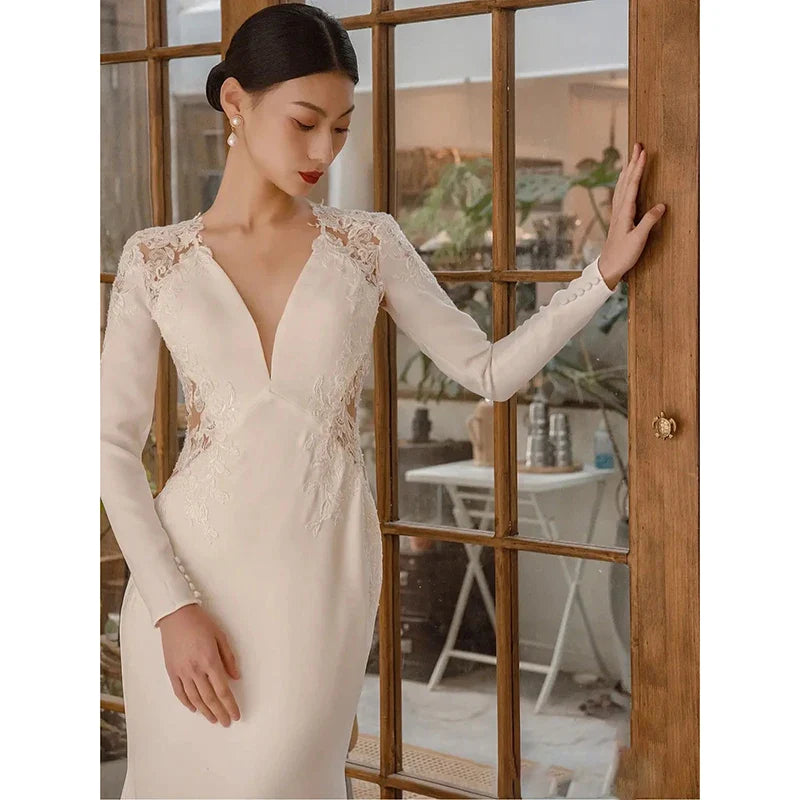 New White V-neck Mermaid Lace Real Photo 2023 Satin Wedding Dress Korean Style Zipper 웨딩 드레스 Wedding Gowns-payinti