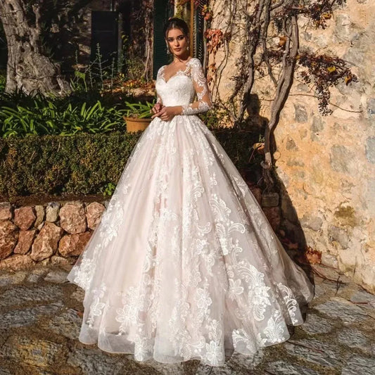 Newest Ball Gown Wedding Dress Elegant Long Sleeve Robe De Mariee Illusion Back Trouwjurk O-Neck Gorgeous vestidos de novia-payinti