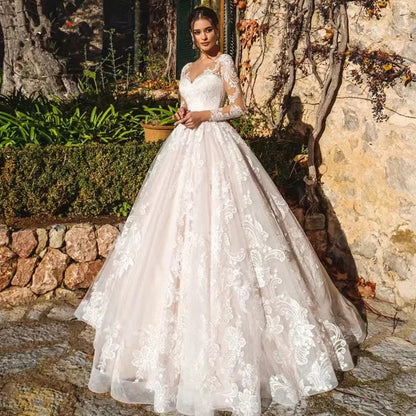 Newest Ball Gown Wedding Dress Elegant Long Sleeve Robe De Mariee Illusion Back Trouwjurk O-Neck Gorgeous vestidos de novia-payinti