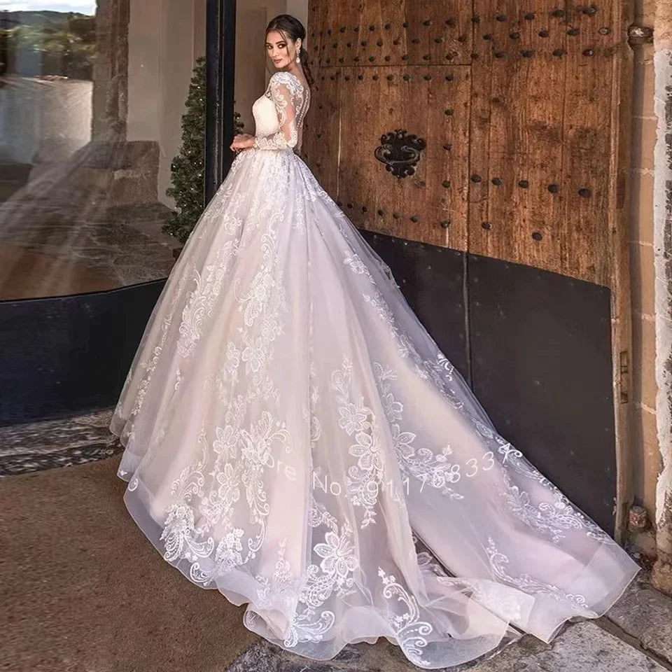 Newest Ball Gown Wedding Dress Elegant Long Sleeve Robe De Mariee Illusion Back Trouwjurk O-Neck Gorgeous vestidos de novia-payinti