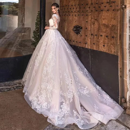 Newest Ball Gown Wedding Dress Elegant Long Sleeve Robe De Mariee Illusion Back Trouwjurk O-Neck Gorgeous vestidos de novia-payinti
