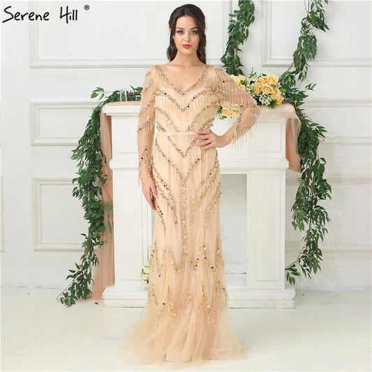 Vestidos de noche dorados con escote en V, diseño de sirena, mangas largas, borlas y cuentas, LA6631