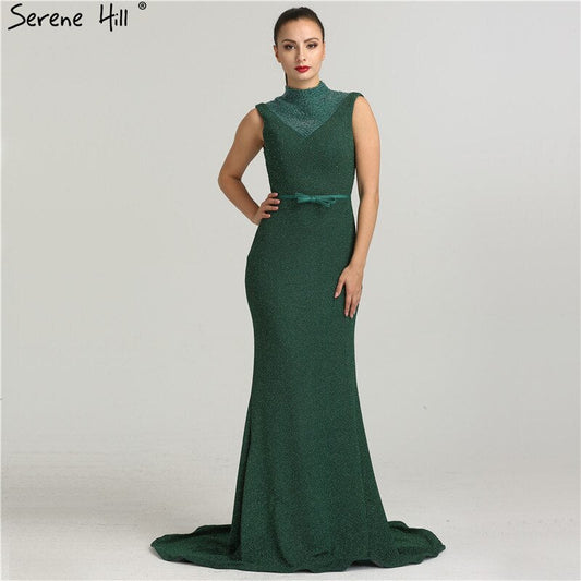 En oferta, sin devolución ni reembolso. Nuevos vestidos de noche de diseñador con purpurina verde, cuello alto, sin mangas, estilo sirena, 2025, LA6433.