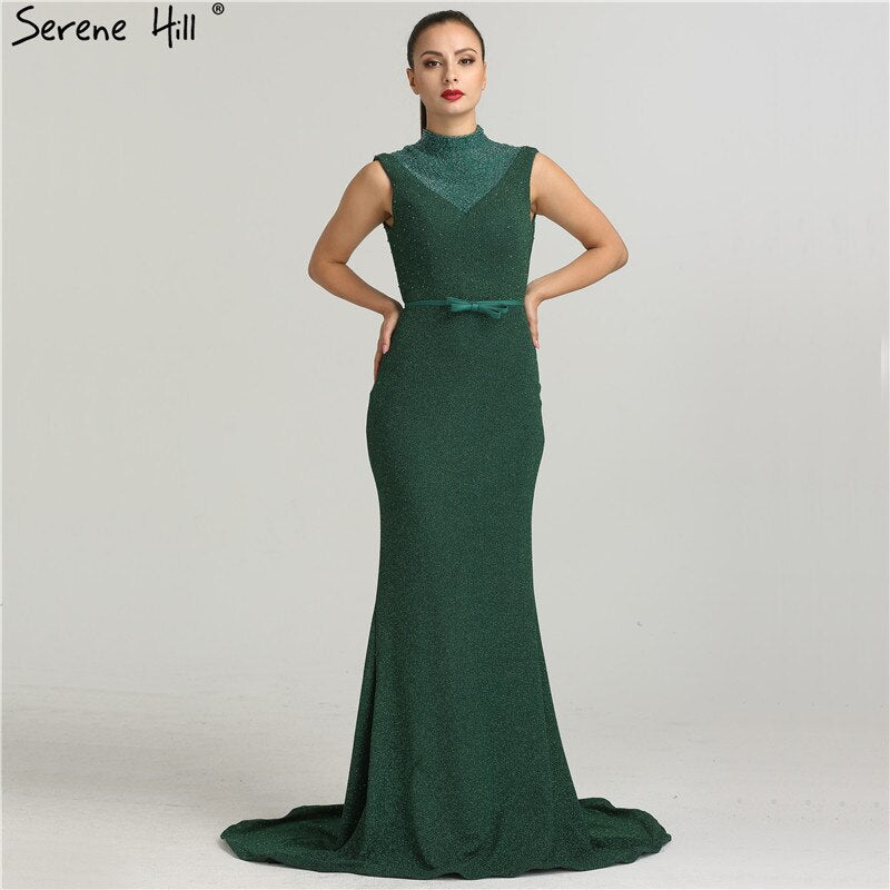 En oferta, sin devolución ni reembolso. Nuevos vestidos de noche de diseñador con purpurina verde, cuello alto, sin mangas, estilo sirena, 2025, LA6433.