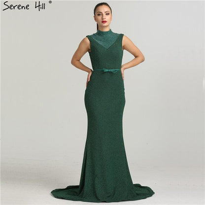 En oferta, sin devolución ni reembolso. Nuevos vestidos de noche de diseñador con purpurina verde, cuello alto, sin mangas, estilo sirena, 2025, LA6433.