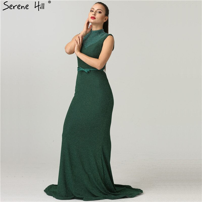 En oferta, sin devolución ni reembolso. Nuevos vestidos de noche de diseñador con purpurina verde, cuello alto, sin mangas, estilo sirena, 2025, LA6433.