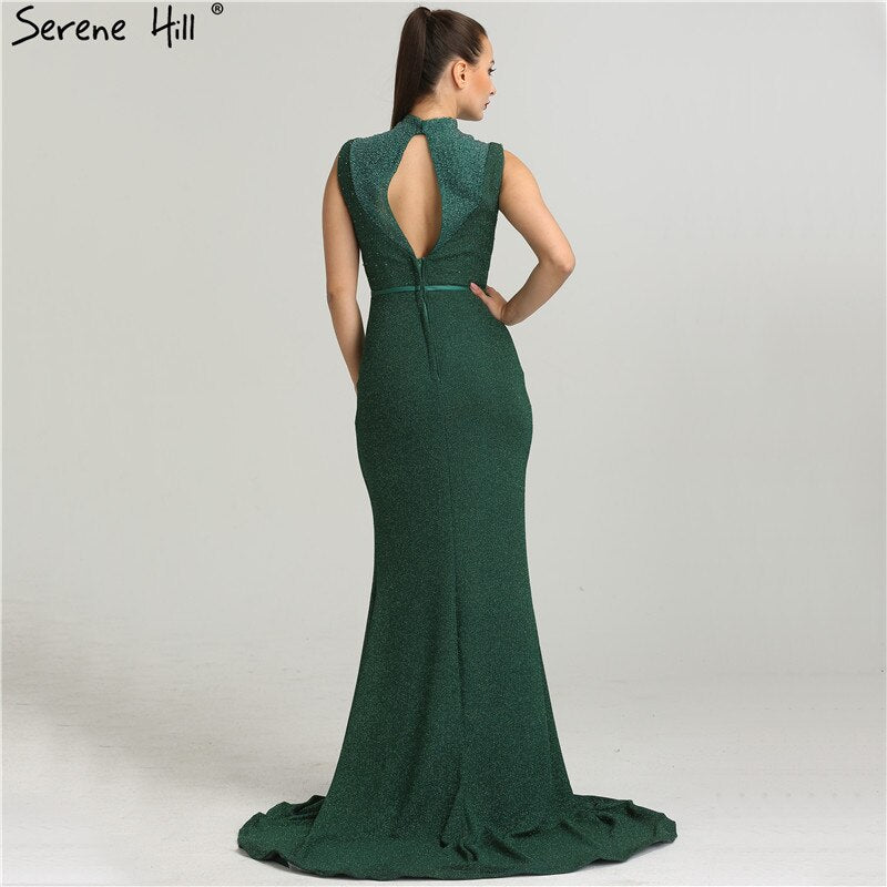 En oferta, sin devolución ni reembolso. Nuevos vestidos de noche de diseñador con purpurina verde, cuello alto, sin mangas, estilo sirena, 2025, LA6433.