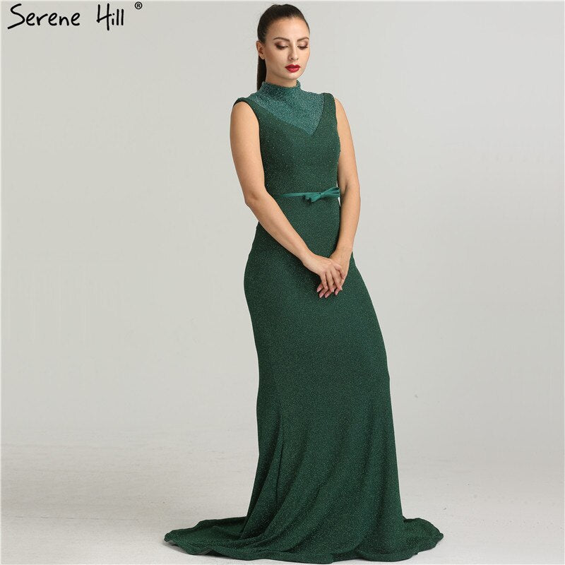 En oferta, sin devolución ni reembolso. Nuevos vestidos de noche de diseñador con purpurina verde, cuello alto, sin mangas, estilo sirena, 2025, LA6433.