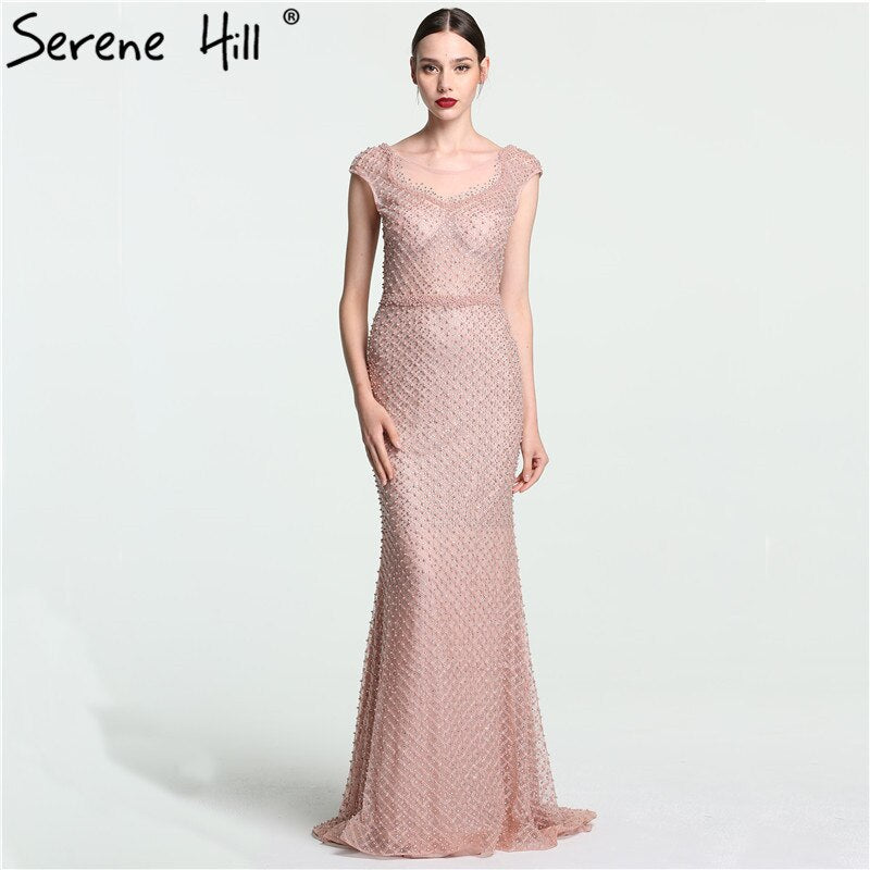 En oferta, sin devolución ni reembolso. Lo último en moda: elegante vestido de noche de sirena rosa con cuentas y tul, 2025. Foto real LA6113.