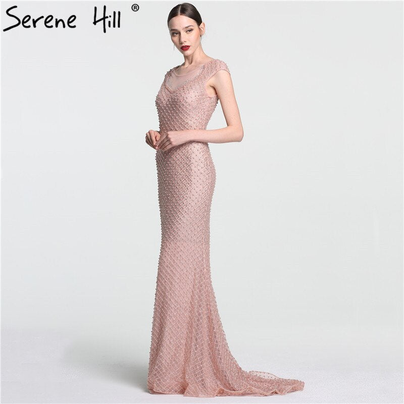 En oferta, sin devolución ni reembolso. Lo último en moda: elegante vestido de noche de sirena rosa con cuentas y tul, 2025. Foto real LA6113.