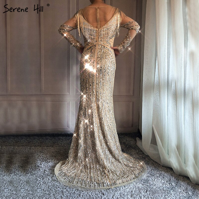 Vestidos de noche de lujo, ajustados y sexys, de manga larga, con escote sirena y borlas, de alta gama, LA6467, 2025