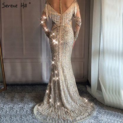 Vestidos de noche de lujo, ajustados y sexys, de manga larga, con escote sirena y borlas, de alta gama, LA6467, 2025