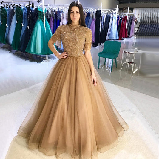 Sale Nude Crystall  A-Line High Neck Tulle Evening Dresses 2025 Beading Tassel Formal Dress Design LA70490