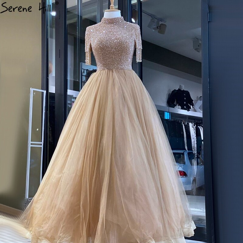 Verkauf Nude Crystall A-Line High Neck Tüll Abendkleider 2025 Perlen Quaste Formale Kleid Design LA70490 