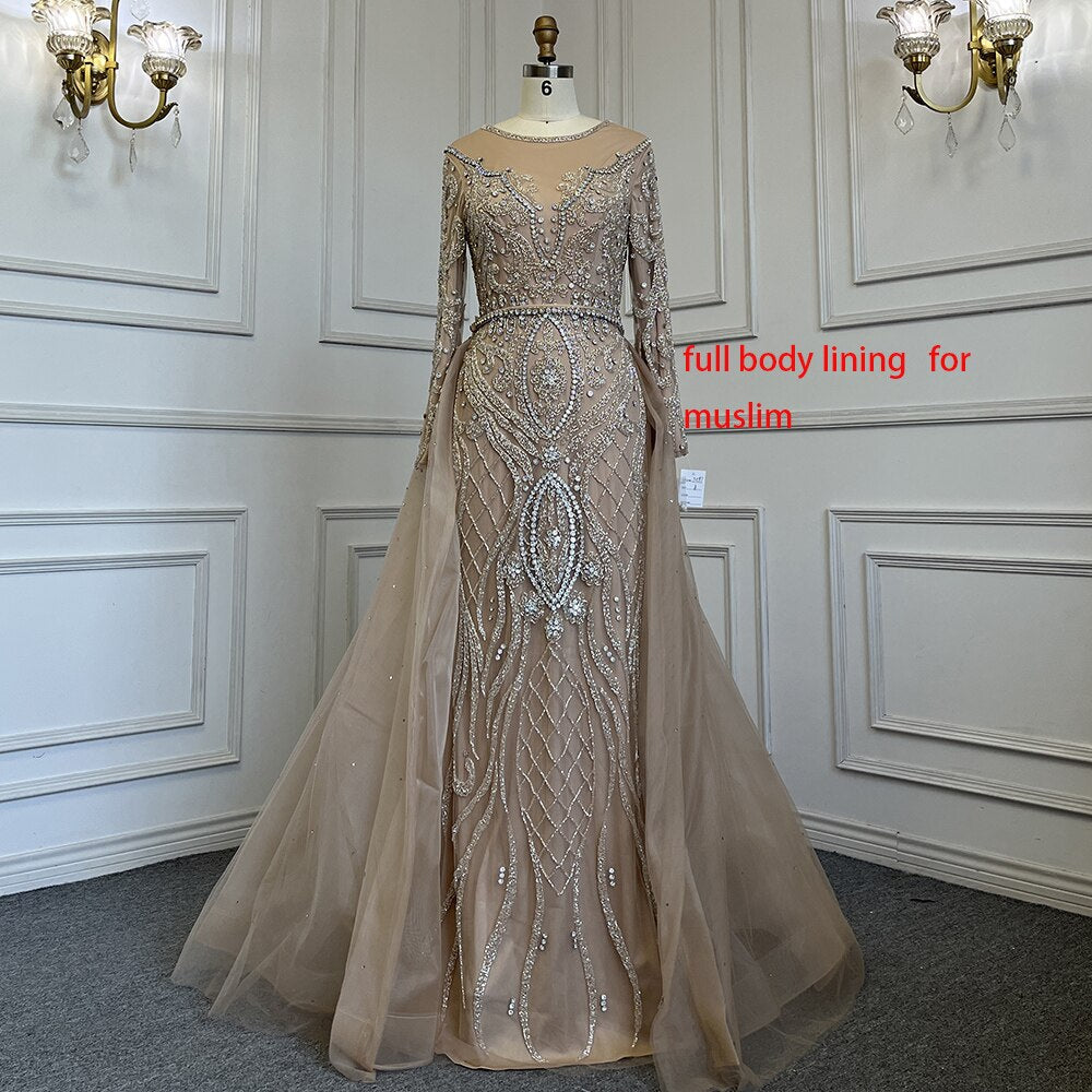 Vestidos de noche musulmanes de lujo color piel, estilo sirena, 2025, con sobrefalda de cuentas, elegantes para mujer, para fiesta, LA71597 