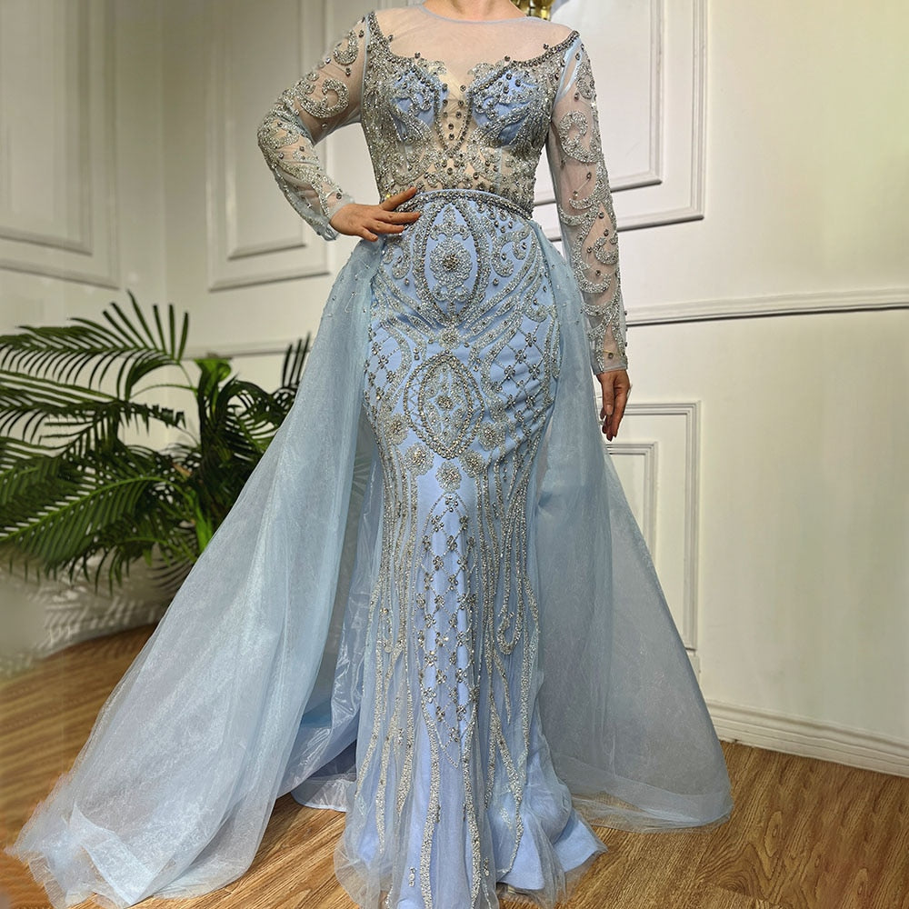 Vestidos de noche musulmanes de lujo color piel, estilo sirena, 2025, con sobrefalda de cuentas, elegantes para mujer, para fiesta, LA71597 