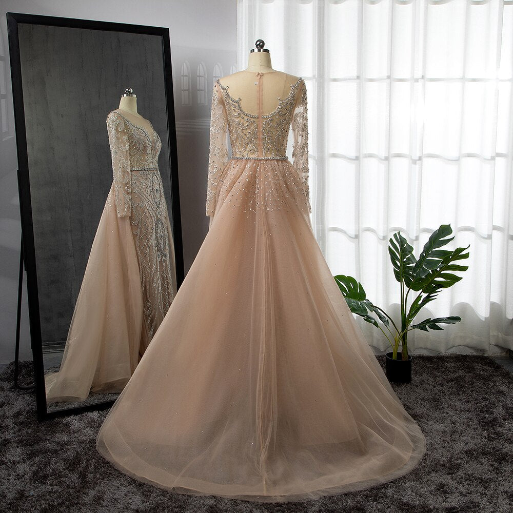 Vestidos de noche musulmanes de lujo color piel, estilo sirena, 2025, con sobrefalda de cuentas, elegantes para mujer, para fiesta, LA71597 