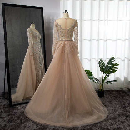 Vestidos de noche musulmanes de lujo color piel, estilo sirena, 2025, con sobrefalda de cuentas, elegantes para mujer, para fiesta, LA71597 