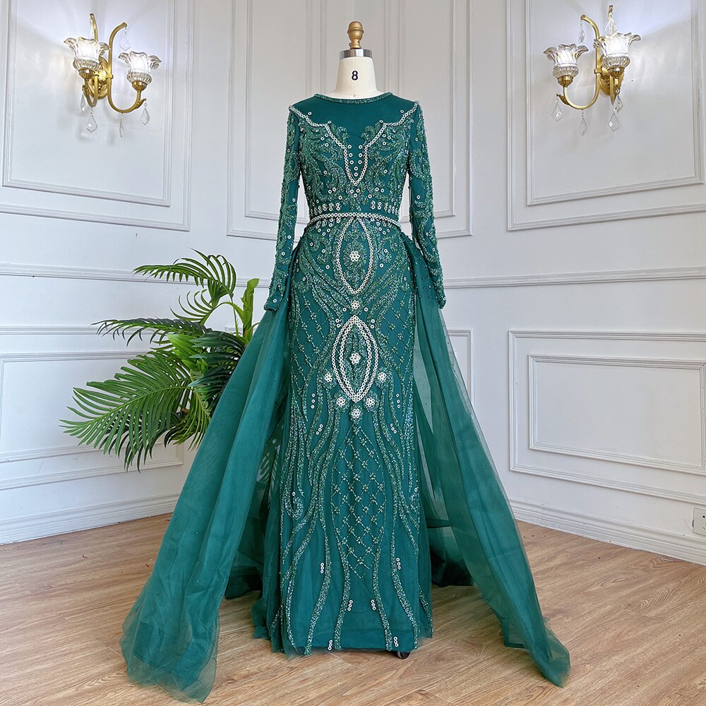 Vestidos de noche musulmanes de lujo color piel, estilo sirena, 2025, con sobrefalda de cuentas, elegantes para mujer, para fiesta, LA71597 