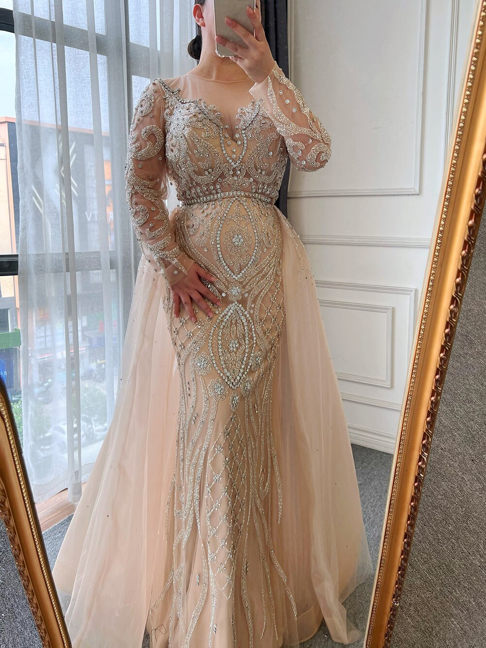Vestidos de noche musulmanes de lujo color piel, estilo sirena, 2025, con sobrefalda de cuentas, elegantes para mujer, para fiesta, LA71597 