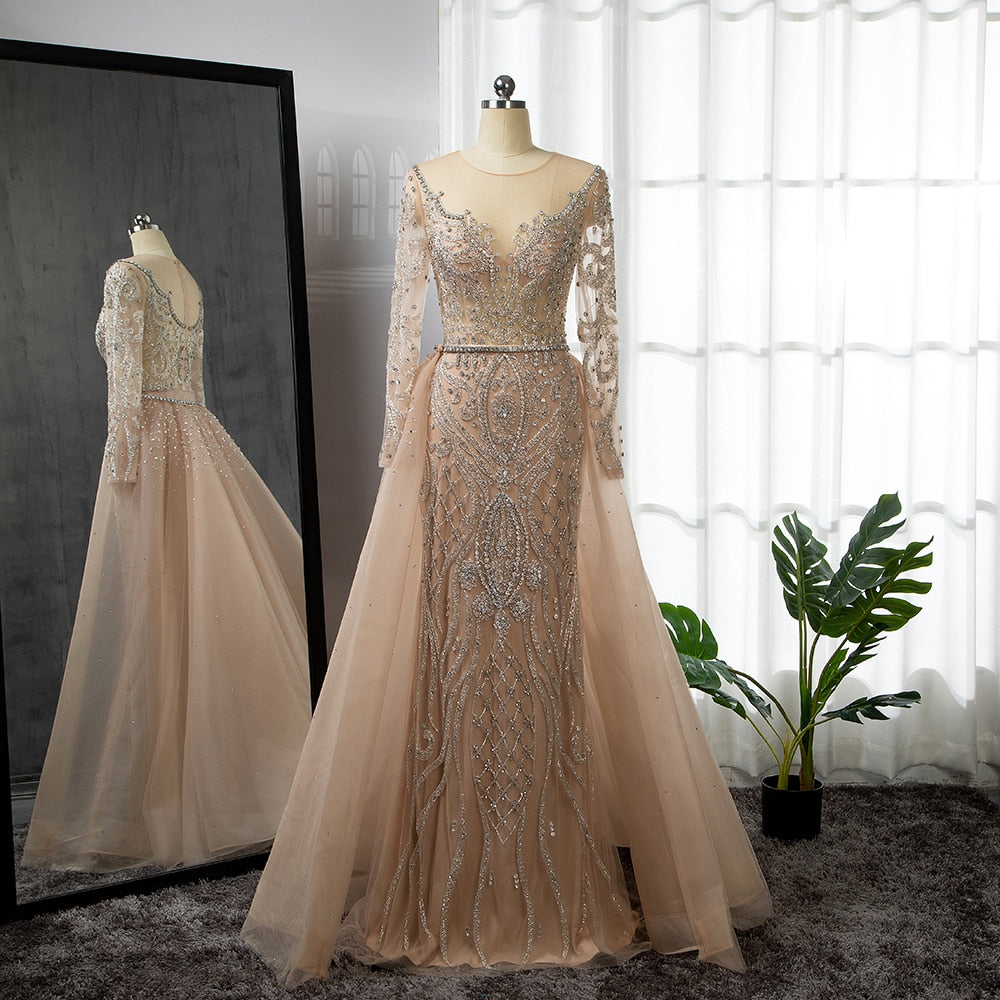 Vestidos de noche musulmanes de lujo color piel, estilo sirena, 2025, con sobrefalda de cuentas, elegantes para mujer, para fiesta, LA71597 