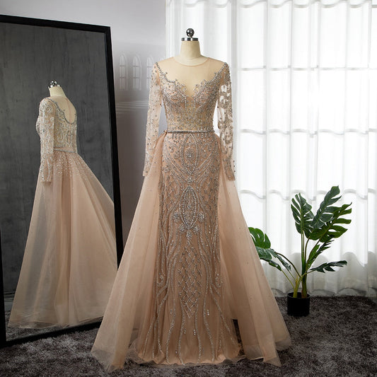 Vestidos de noche musulmanes de lujo color piel, estilo sirena, 2025, con sobrefalda de cuentas, elegantes para mujer, para fiesta, LA71597 