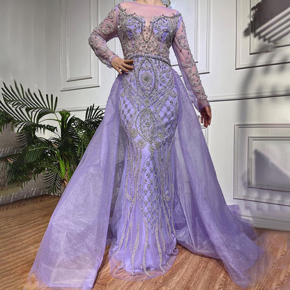 Vestidos de noche musulmanes de lujo color piel, estilo sirena, 2025, con sobrefalda de cuentas, elegantes para mujer, para fiesta, LA71597 