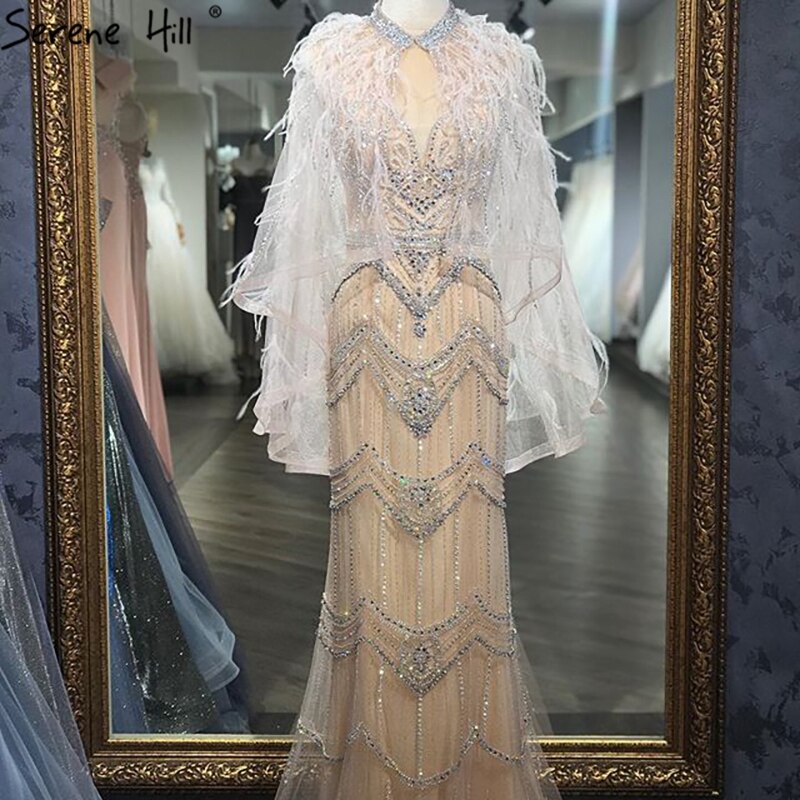 Vestido de noche sexy color piel, color plata, con escote en V, estilo sirena, sin mangas, con plumas, chal, hilo y diamantes, LA70171B 