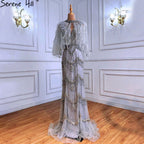 Vestido de noche sexy color piel, color plata, con escote en V, estilo sirena, sin mangas, con plumas, chal, hilo y diamantes, LA70171B 