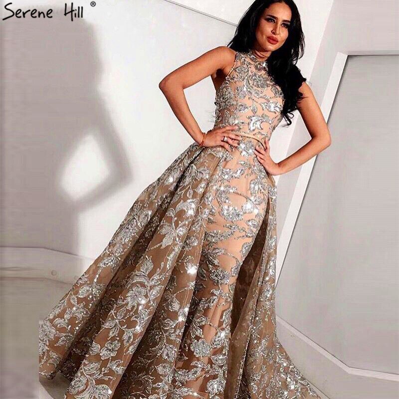 Vestido de noche vintage con lentejuelas plateadas y brillo, estilo halter, de lujo, sexy, sin mangas, 2025 LA60877 