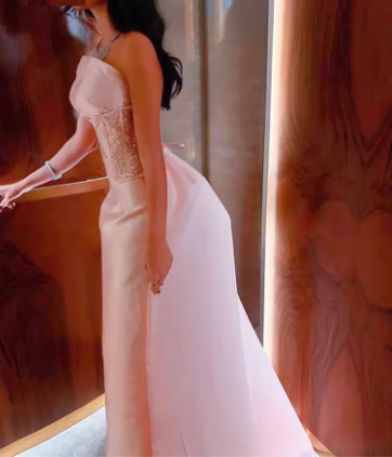 Vestido de noche formal de Dubái con lentejuelas brillantes, corsé saudí sin tirantes de satén rosa bebé, vestido de fiesta Y4887