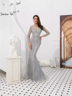 Mermaid Formal Evening Dresses Long Sleeves Beading Evening Gowns LA6506