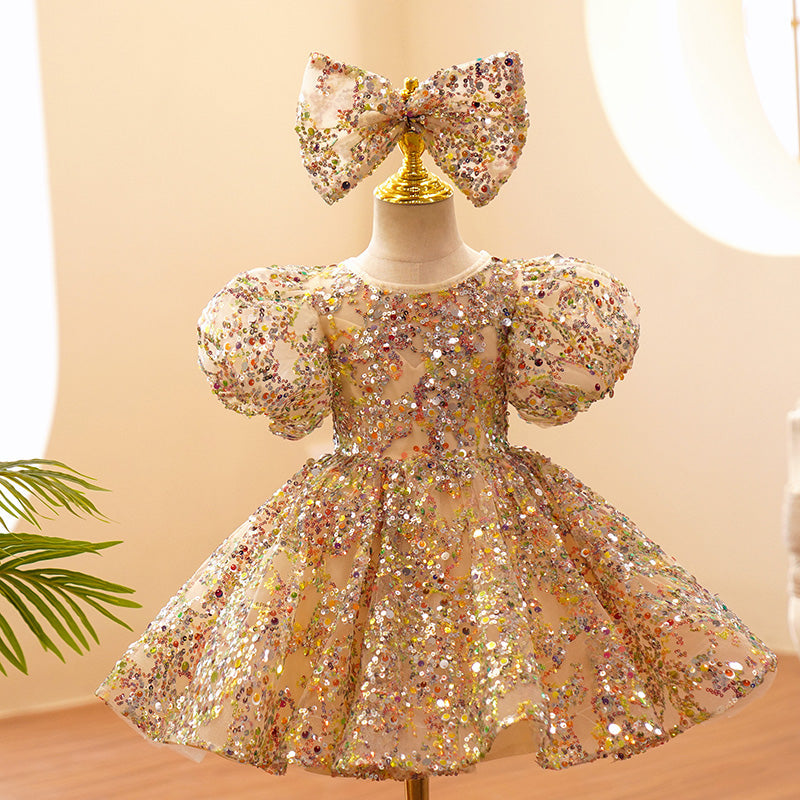Vestido de tul con lentejuelas doradas y champán para bebé niña, ideal para fiesta de cumpleaños