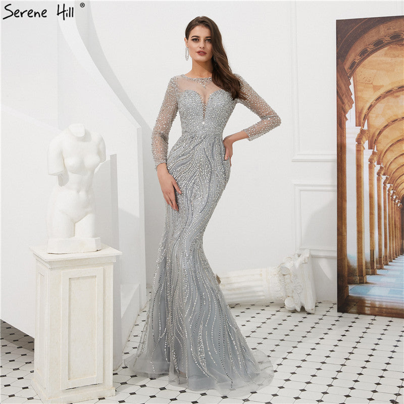 Vestidos de noche formales de sirena con mangas largas y cuentas LA6506