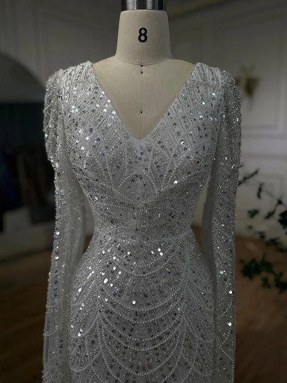 Luxuriöses weißes Feder-Abendkleid mit Cape-Ärmeln LA72160