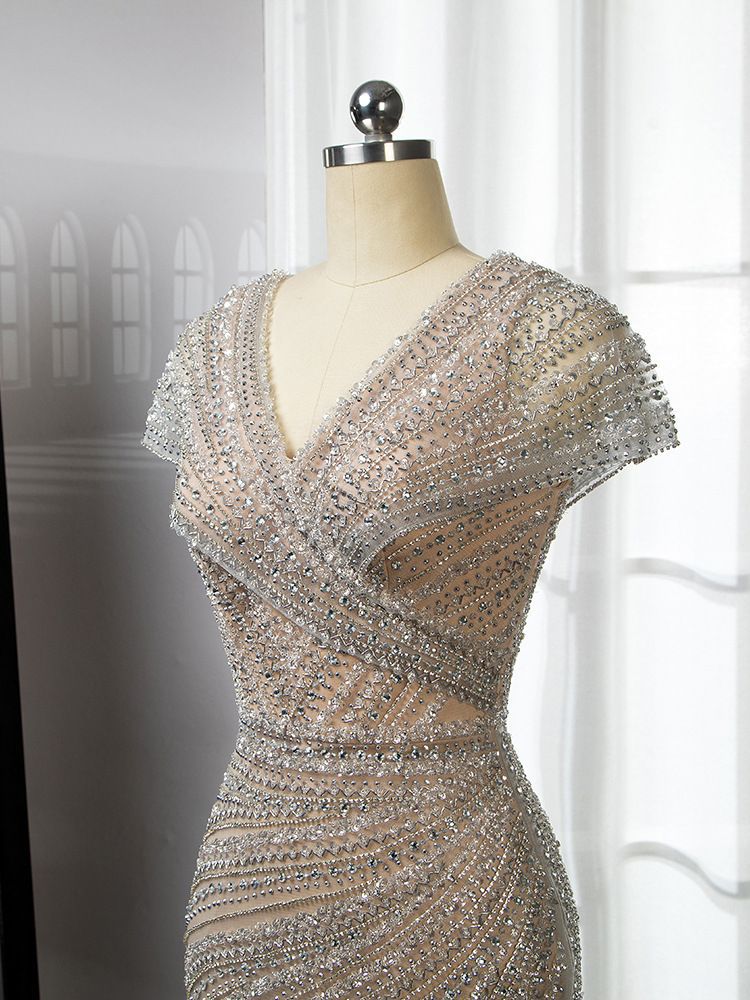 Lujosos vestidos de noche de sirena color plata nude para fiesta LA71686